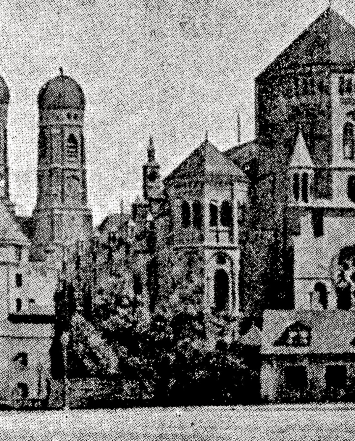 The main synagogue in Munich on the eve of destruction; on the left in the background, the Chruch of Our Lady, the symbol of Munich, June 1938 