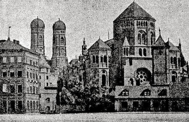 Die Münchner Synagoge am Vorabend der Zerstörung. Links im Hintergrund:die Frauenkirche, das Wahrzeichen von München, Juni 1938
